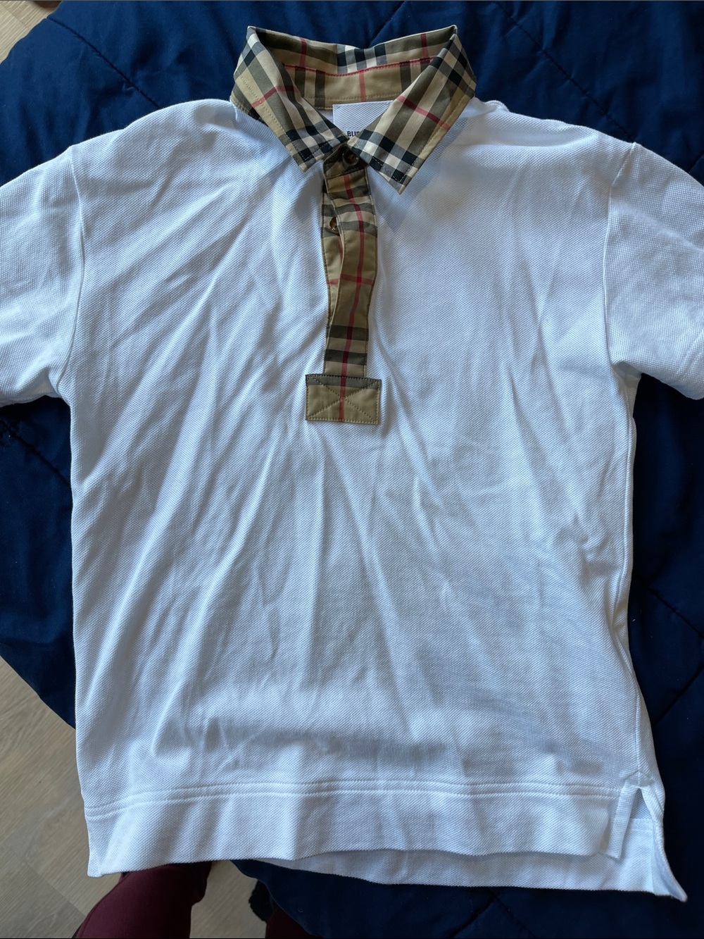 Authentic Burberry Kids White Polo Top with Plaid Collar
